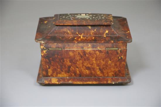 A Regency mother of pearl inlaid tortoiseshell tea caddy, width 8in. depth 5.5in. height 5.5in.